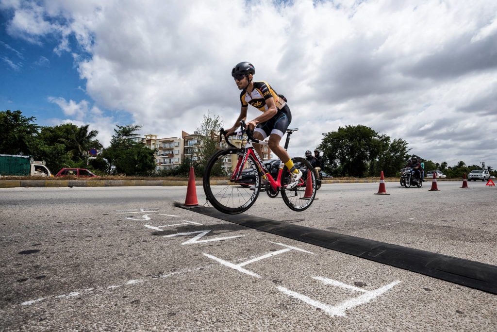 Cyclist crossing finish line